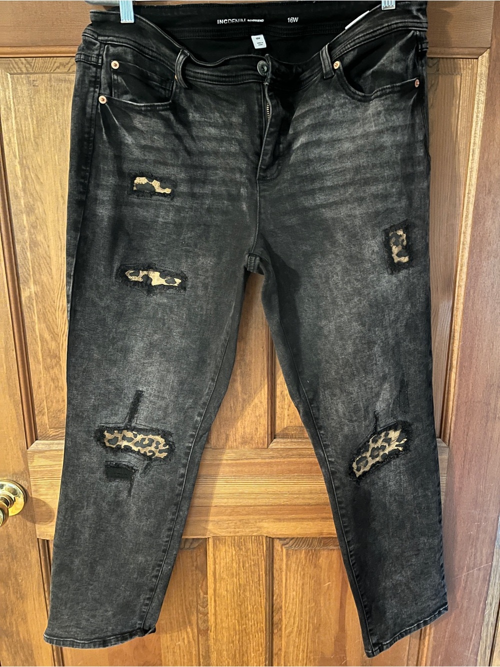 INC Black Distressed Women’s Jeans with Leopard Patches size 16W
